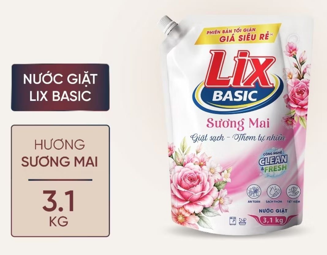  Nước giặt Lix Basic hương Nắng mai túi 3.1kg - can 3.3kg 