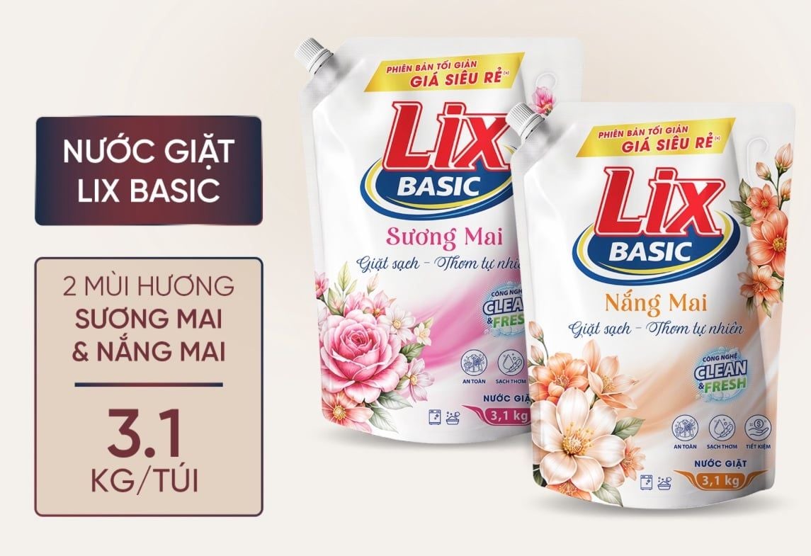  Nước giặt Lix Basic hương Nắng mai túi 3.1kg - can 3.3kg 
