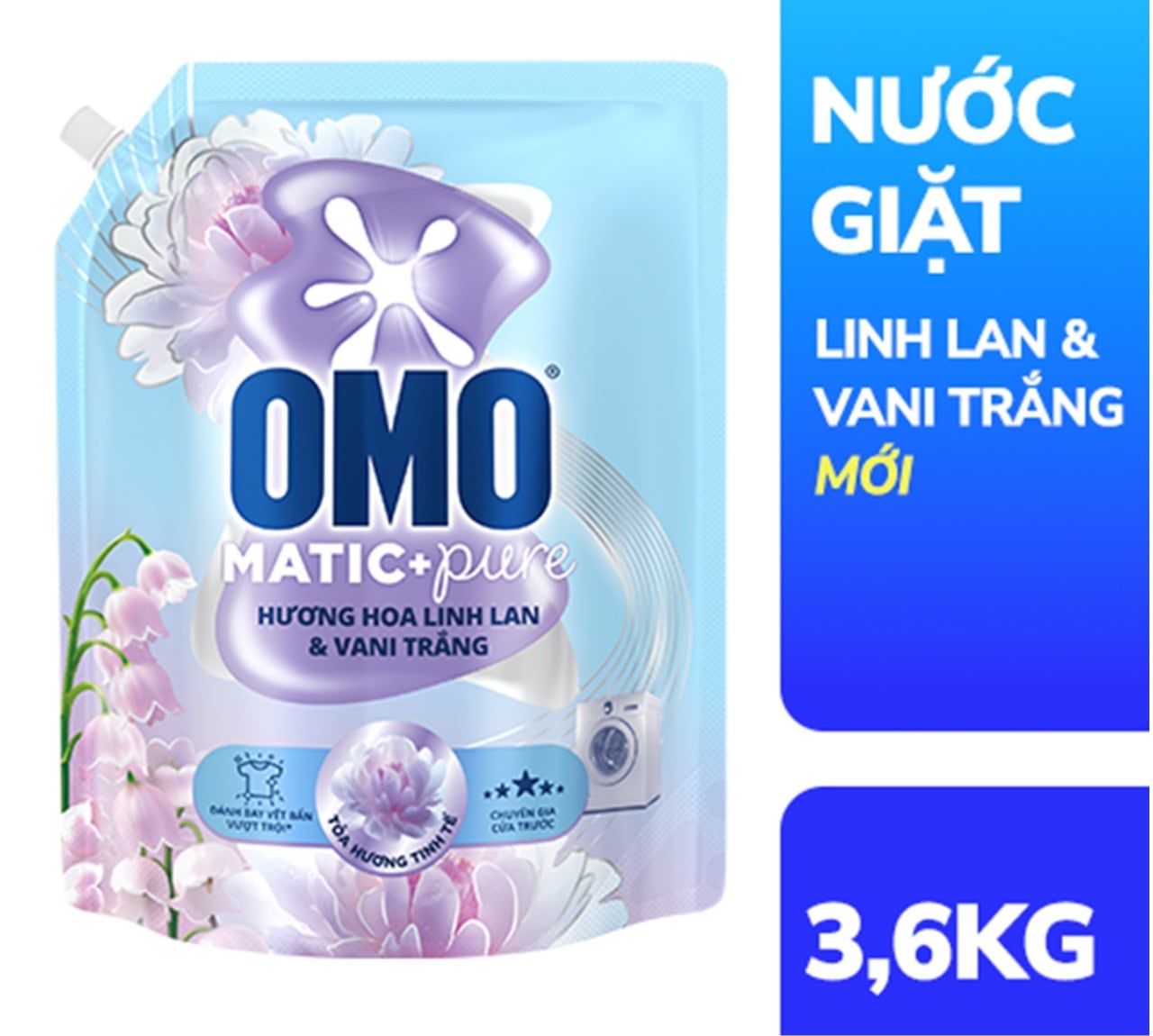 Nước giặt OMO Matic Pure Cửa Trước Hương Linh Lan & Vani Trắng 3.6KG (túi) 