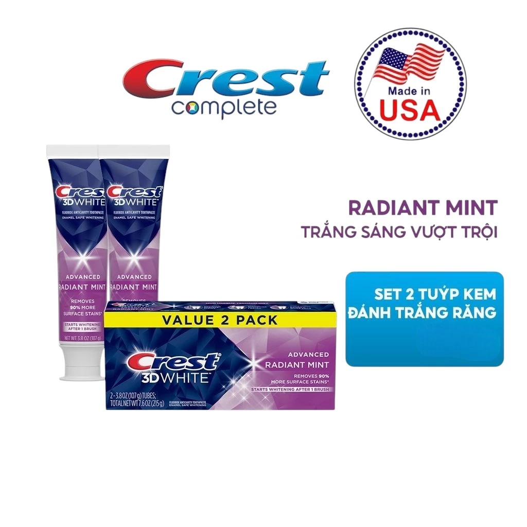  Kem Đánh răng CREST 93/107/153g/161g/323g 3D White/Plus/Complete trắng sáng, ngăn ngừa vôi răng (hộp đơn/hộp đôi) 