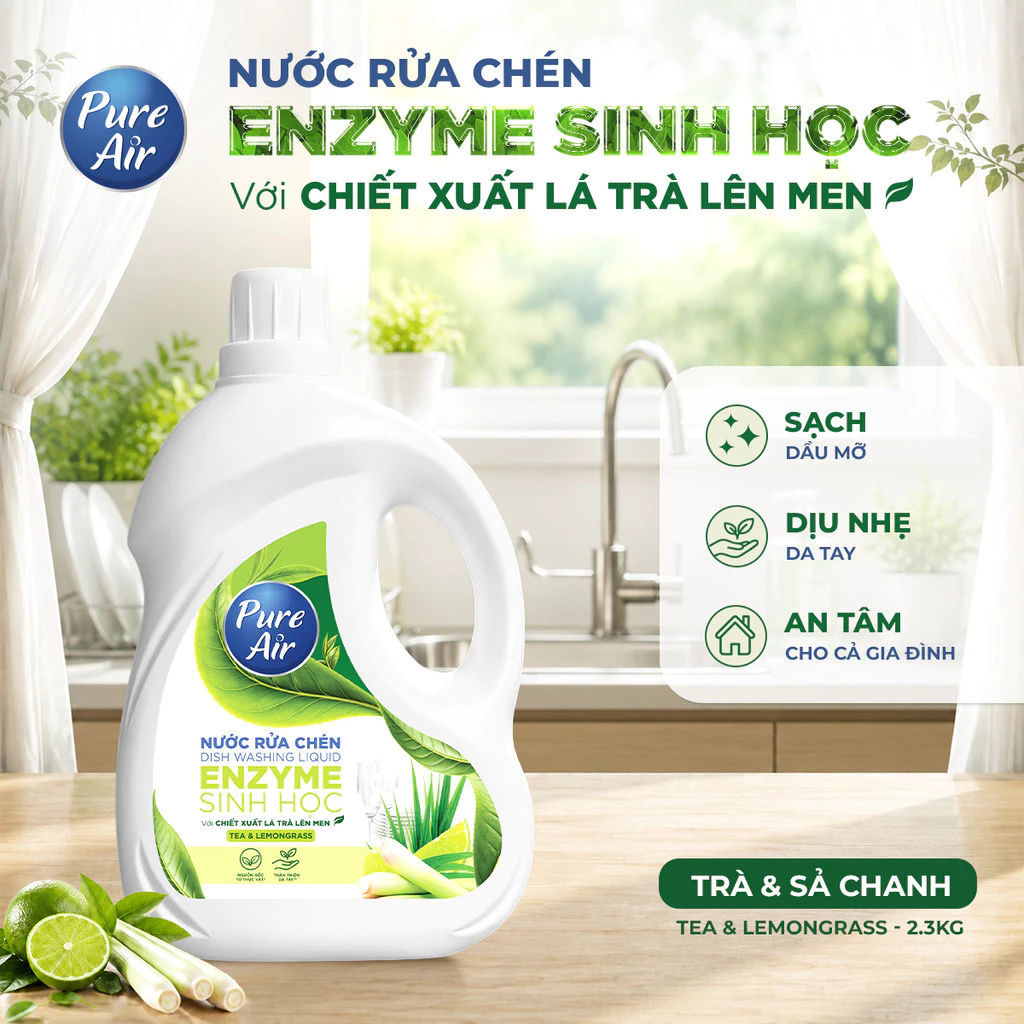  Nước Rửa Chén Enzyme Sinh Học Pure Air Chiết Xuất Lá Trà Lên Men 750g-2.3kg - Hỗ Trợ Làm Sạch Dầu Mỡ Khử Mùi Tanh Dịu Nhẹ Da Tay 