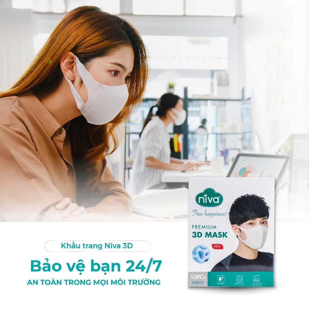  Khẩu Trang 3D Người Lớn Niva Hộp 10 Cái Cấu Trúc 3 Lớp Ngăn Bụi Mịn Kháng Khuẩn 