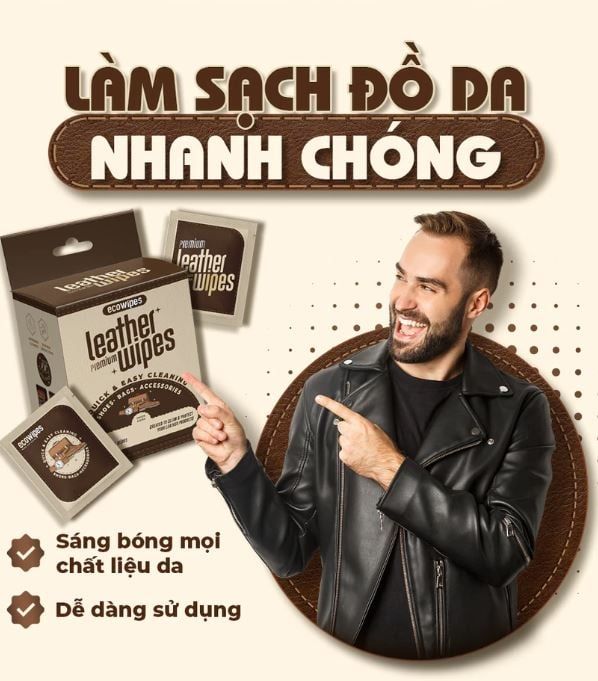  Hộp 20 gói khăn ướt lau giày da túi da ví da siêu tốc Leather EcoWipes gói 25 tờ hương quế 