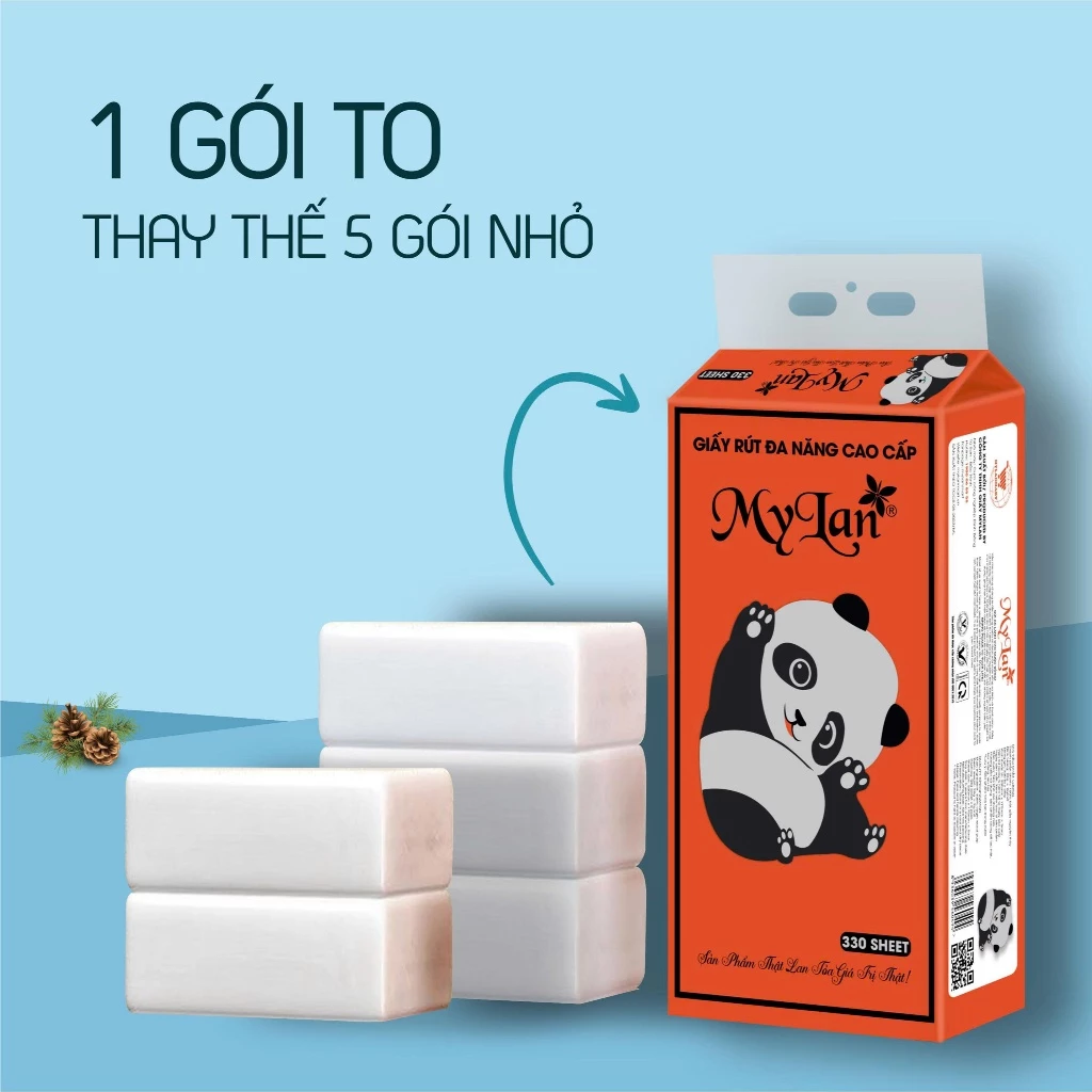  Khăn Giấy Đa Năng MyLan Gấu Trúc Rút Đáy Cao Cấp Dập Vân 4D Mềm Dai 330 Lượt Rút 200mm x 175mm 