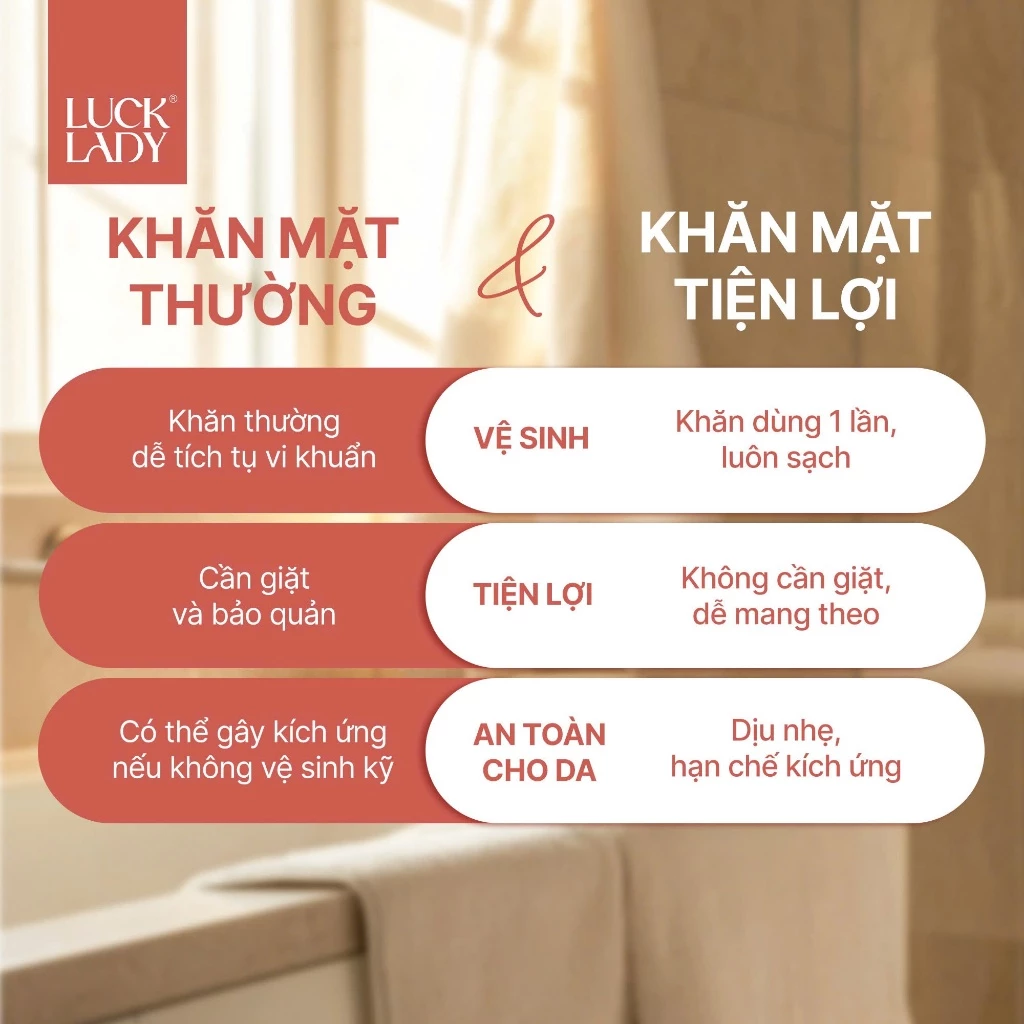  Khăn mặt khô dùng 1 lần Luck Lady 100 tờ/túi, kích thước 15x20cm, phù hợp cho da nhạy cảm, dạng túi rút đáy 