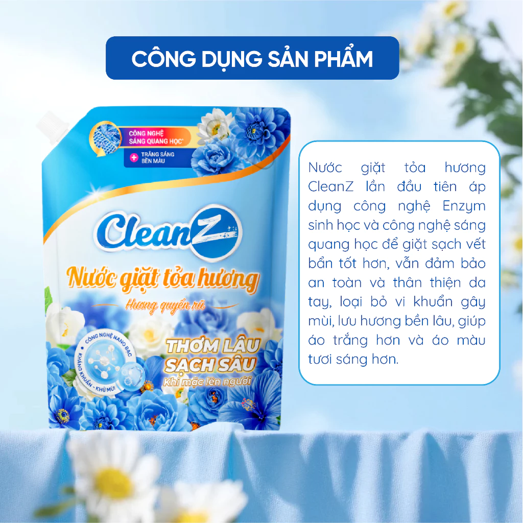  Nước Giặt Xả Tỏa Hương CleanZ Công Nghệ Sạch Sâu, Đánh Bay Vết Bẩn, Hương Thơm Mềm Mại, Bảo Vệ Màu Quần Áo 2L 