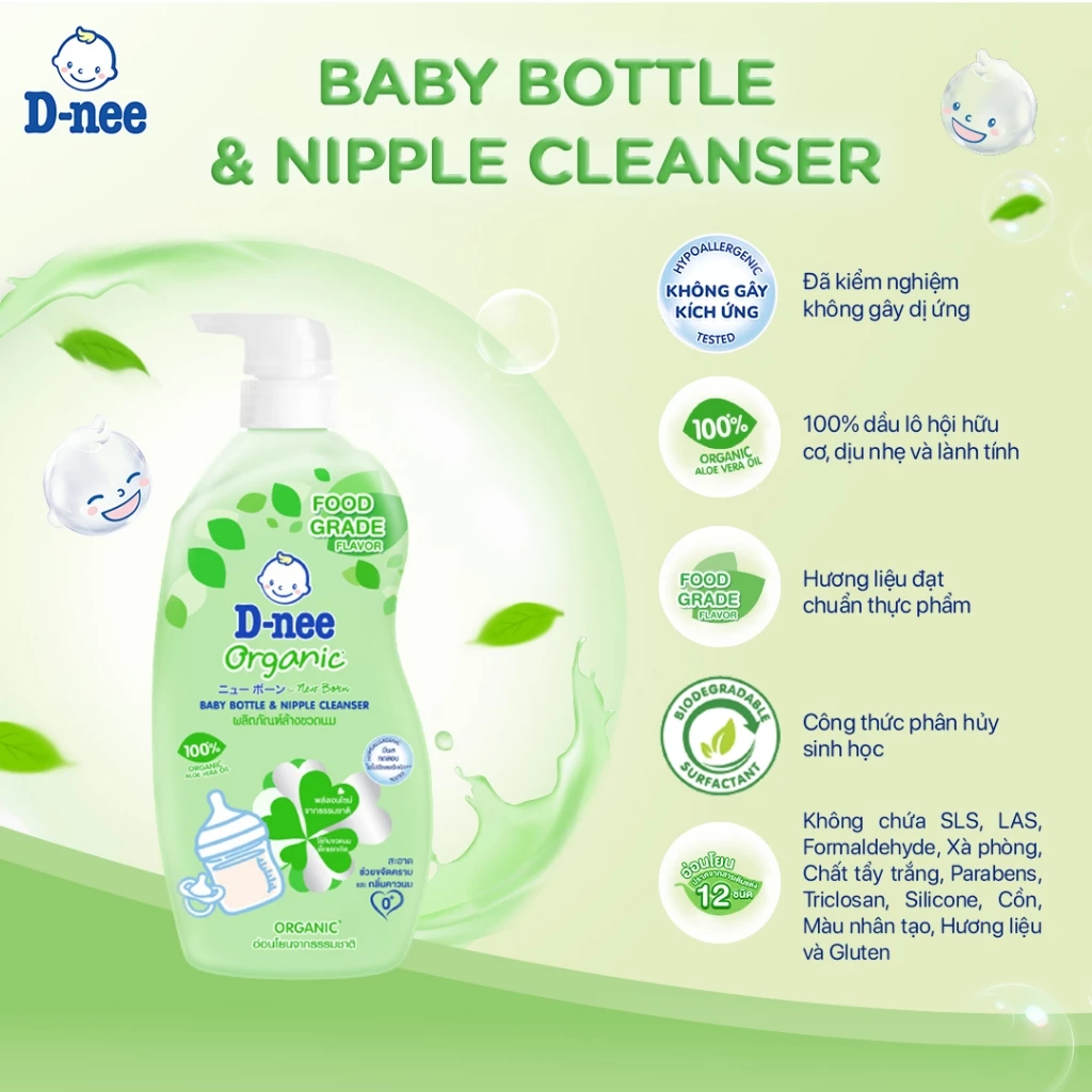  Nước rửa bình sữa D-nee từ nha đam hữu cơ, an toàn lành tính, khử khuẩn hiệu quả 600ml 