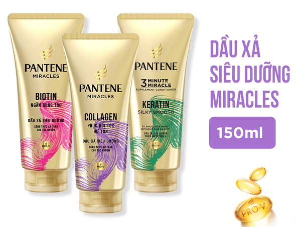  Dầu Xả Siêu Dưỡng PANTENE Miracles Ngăn Rụng Tóc Biotin/ Phục Hồi Hư Tổn Collagen/ Suôn Mượt Óng Ả Keratin - Tuýp 150ml 