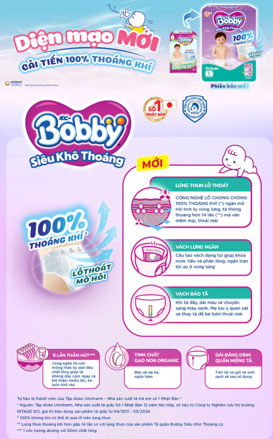  Tã quần Bobby Khô Thoáng - 100% Thoáng Khí Mega Jumbo M112/L96/XL84/XXL76 
