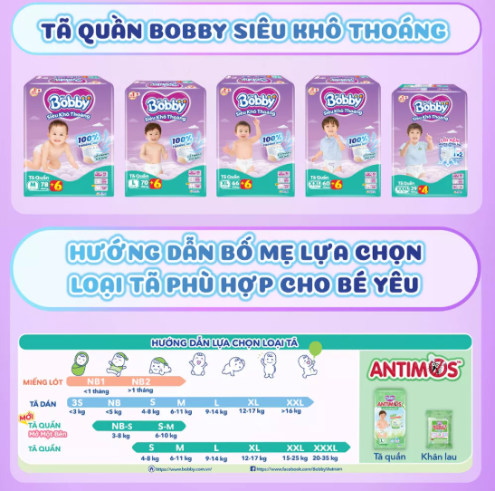  Tã quần Bobby Khô Thoáng - 100% Thoáng Khí Mega Jumbo M112/L96/XL84/XXL76 
