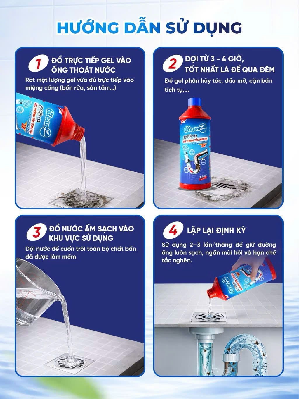  Gel sinh học CleanZ phòng tắc nghẽn, làm sạch đường ống rửa bát, rửa mặt, khử mùi hôi hiệu quả 500-1000ml 