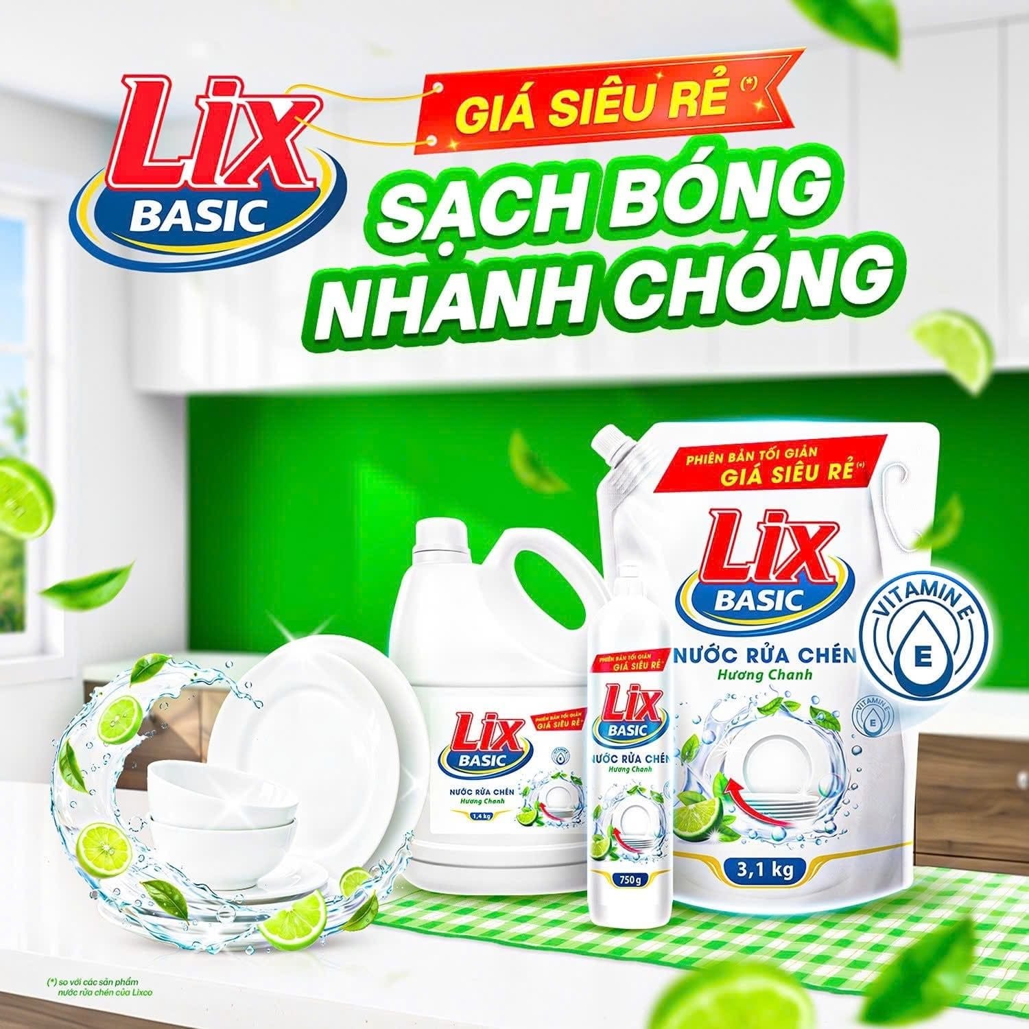  Nước rửa chén Lix Basic hương chanh 1.4kg - sạch dầu mỡ nhanh chóng 