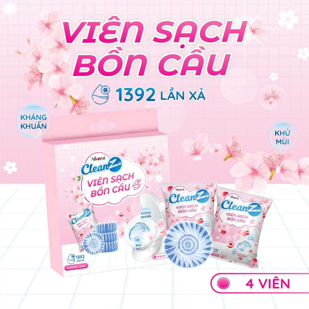  Hộp 4 Viên thả bồn cầu CleanZ hương đào khử mùi, tẩy sạch, thơm mát nhà vệ sinh 50g 