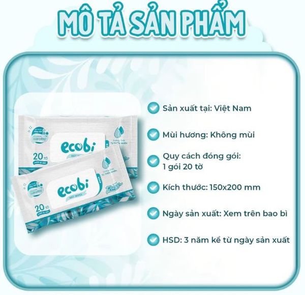  Khăn ướt cao cấp Ecobi gói 20 tờ không mùi 