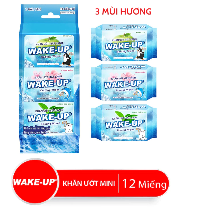  Khăn ướt mát lạnh Wake-up mini 12 miếng, lốc 3 gói Khử Mồ Hôi Hiệu Quả 