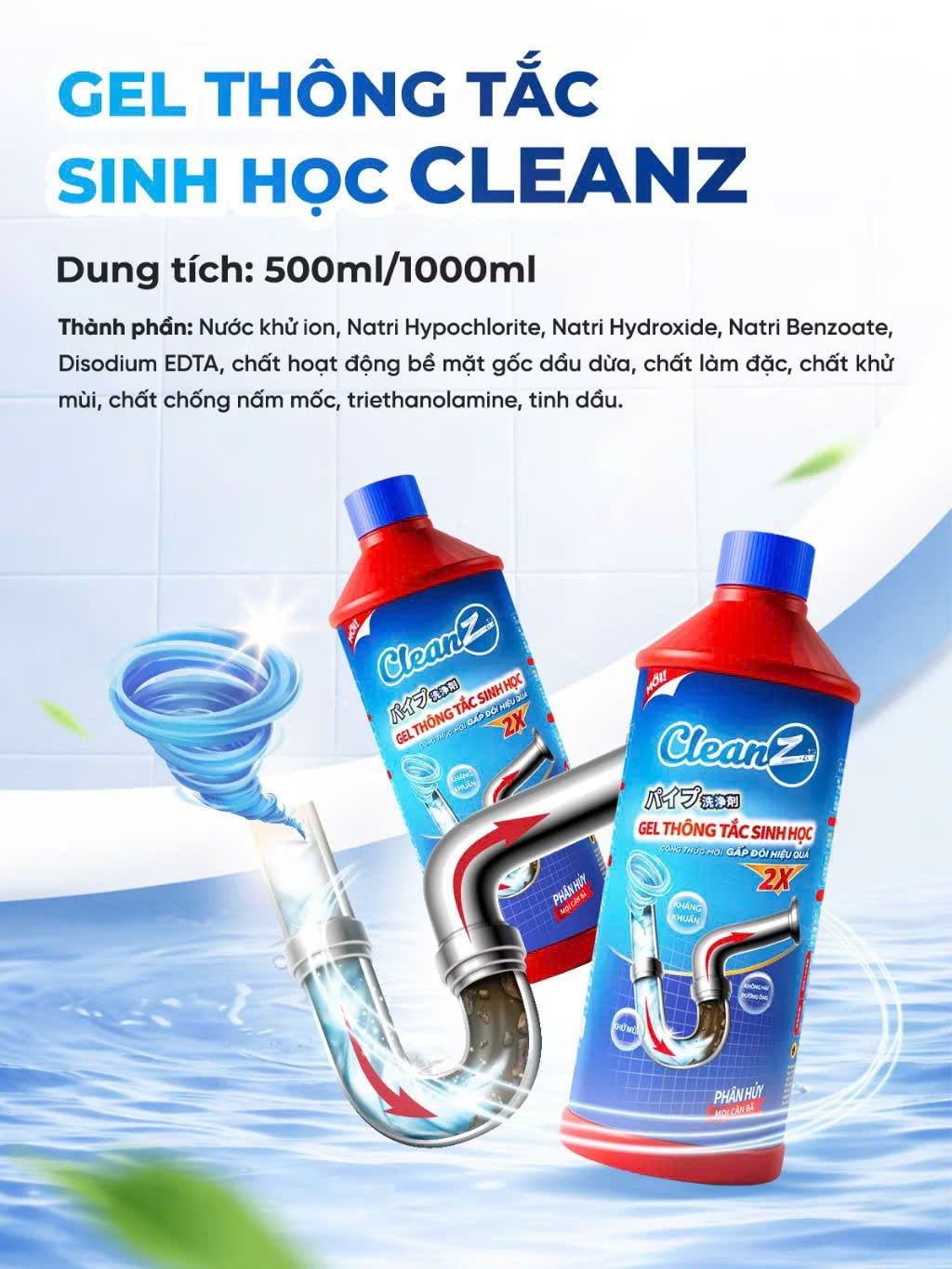  Gel sinh học CleanZ phòng tắc nghẽn, làm sạch đường ống rửa bát, rửa mặt, khử mùi hôi hiệu quả 500-1000ml 
