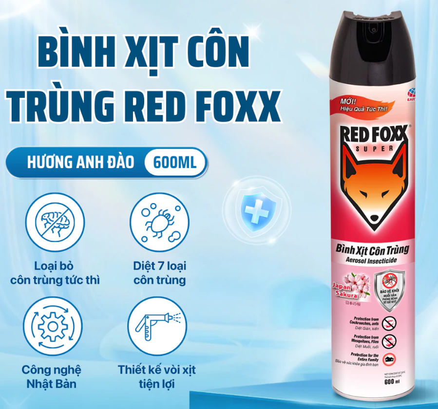  Xịt Côn Trùng RED FOXX Power Hiệu Quả Tức Thì Chanh/Sakura, Chai 300ml/600ml 