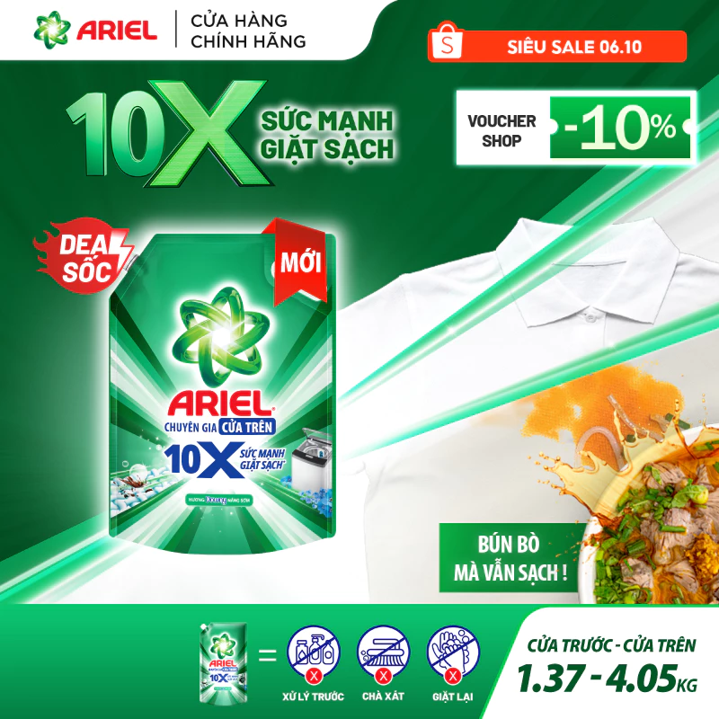  Nước Giặt Gel ARIEL 10X Sức Mạnh Giặt Sạch Chuyên Gia Cửa Trước - Cửa Trên Hương Downy Nắng Sớm Túi 1.37 - 4.05KG 