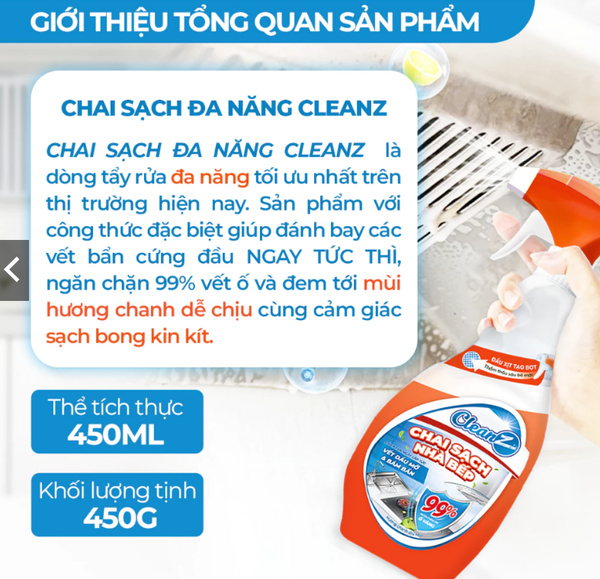  Chai Sạch Nhà Và Bếp Cleanz Làm Sạch Dầu Mỡ, Vết Ố Vàng, Thơm Mùi Chanh Dịu Nhẹ Dung Tích 450ml 