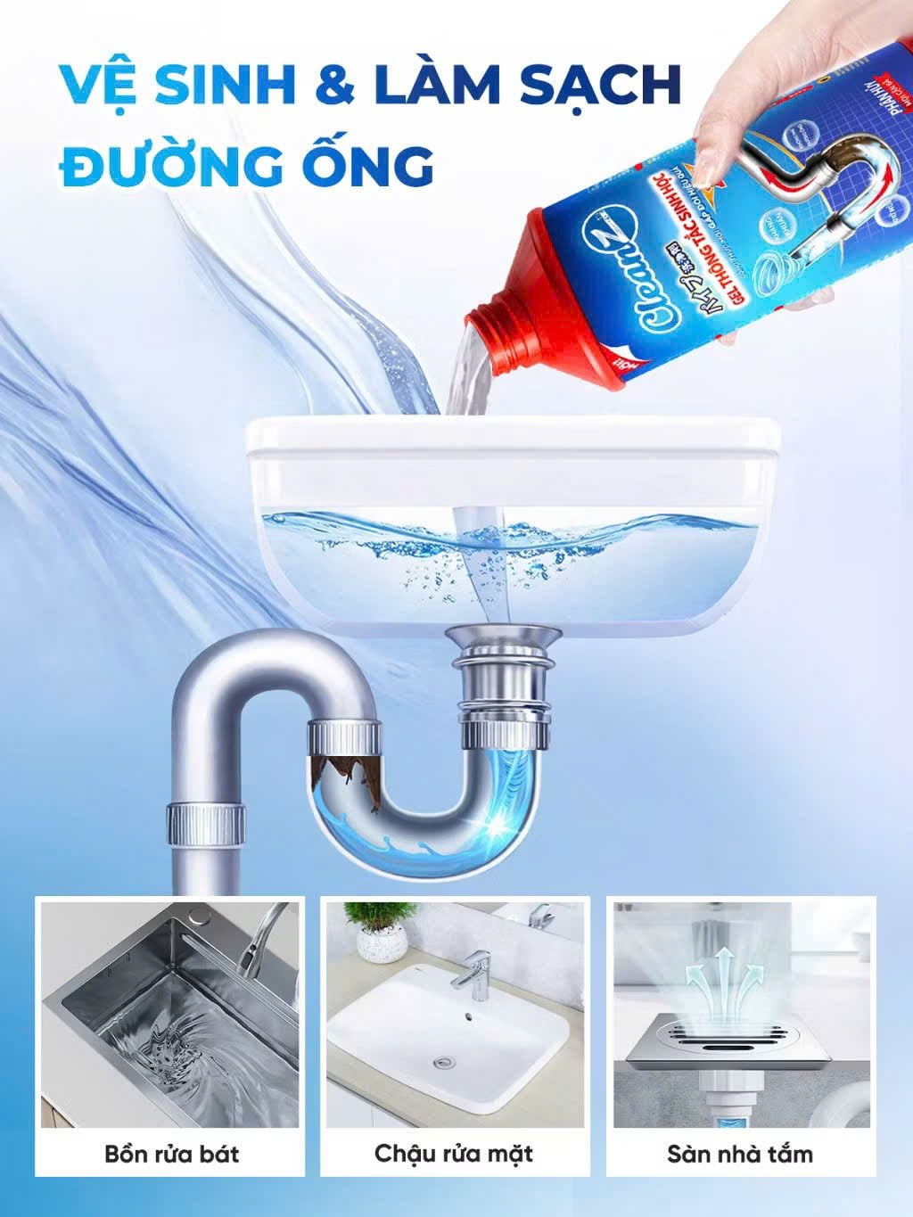  Gel sinh học CleanZ phòng tắc nghẽn, làm sạch đường ống rửa bát, rửa mặt, khử mùi hôi hiệu quả 500-1000ml 