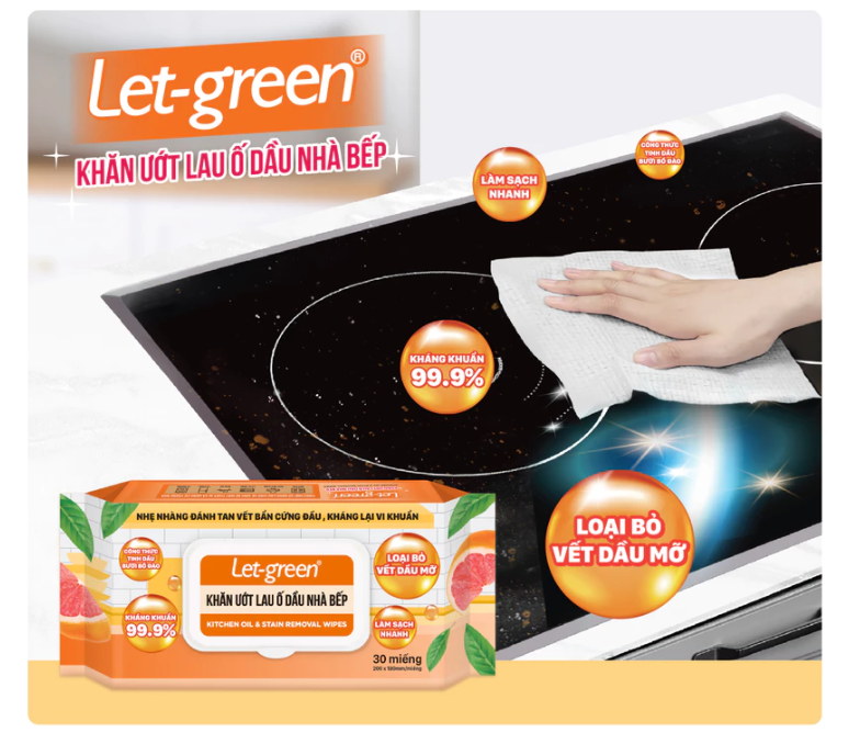  Khăn Ướt Lau Bếp LET-GREEN Sạch Ố Dầu, 30 Miếng/Bao 