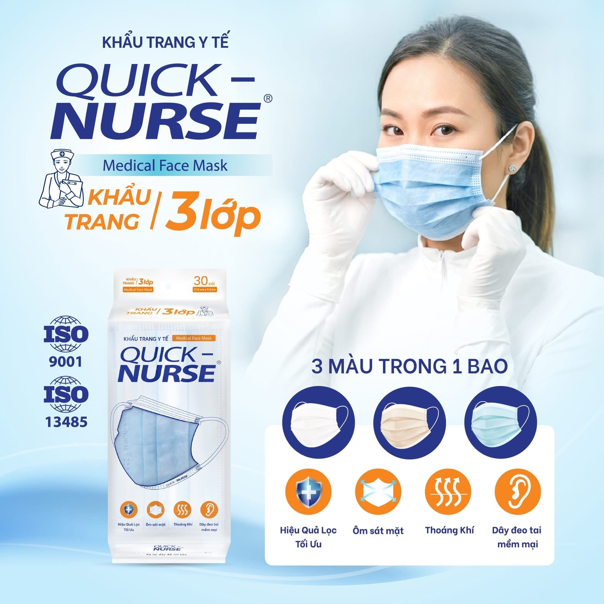  Khẩu Trang Y Tế Cao Cấp QUICK-NURSE 3 Lớp Chuẩn Y Tế, Mềm Mại, Bảo Vệ Tối ưu 
