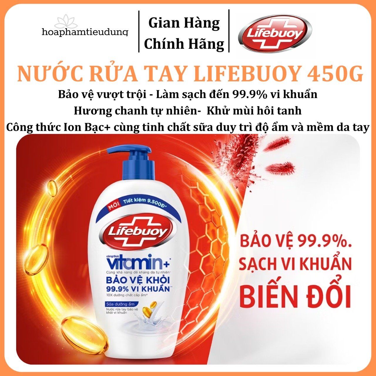  Nước Rửa Tay Lifebuoy Bảo Vệ Khỏi 99.9% Vi Khuẩn Gây Bệnh Với Ion Bạc+ Hỗ Trợ Cùng Đề Kháng Da Tự Nhiên 450g 