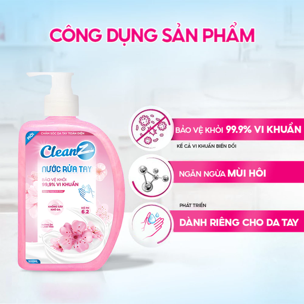  Nước rửa tay dạng Gel CleanZ bảo vệ khỏi vi khuẩn, an toàn mềm mại cho da tay 500ml 