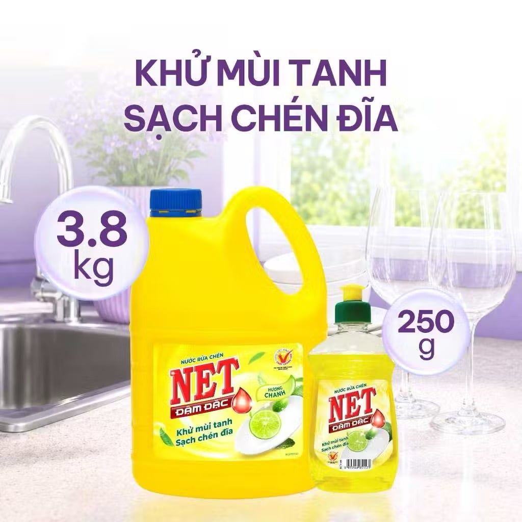  Nước rửa chén NET đậm đặc hương Chanh chai x 3.8kg + nước rửa chén NET đậm đặc hương Chanh chai x 250gr 