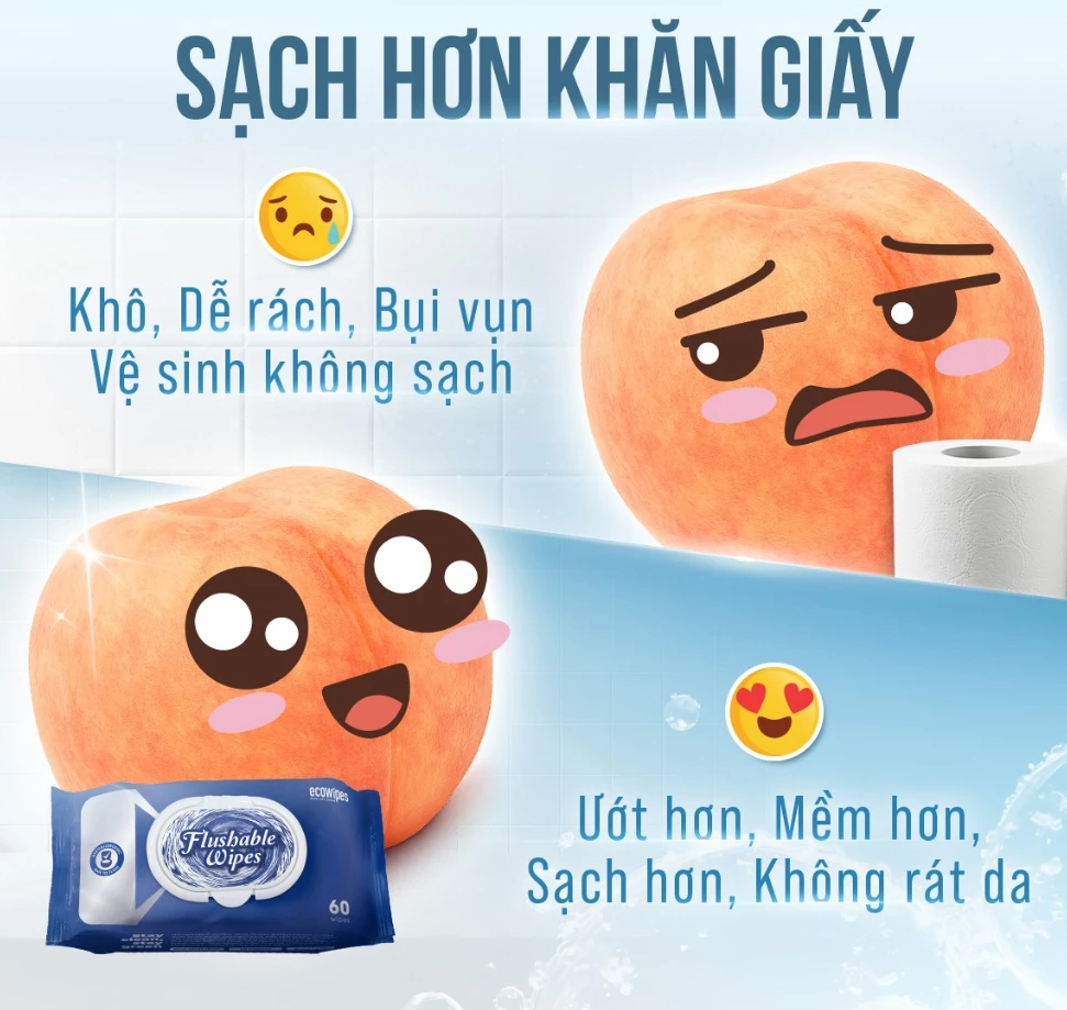  Khăn ướt đi toilet có thể xả trong bồn cầu Flushable EcoWipes gói 60 tờ hương tự nhiên 