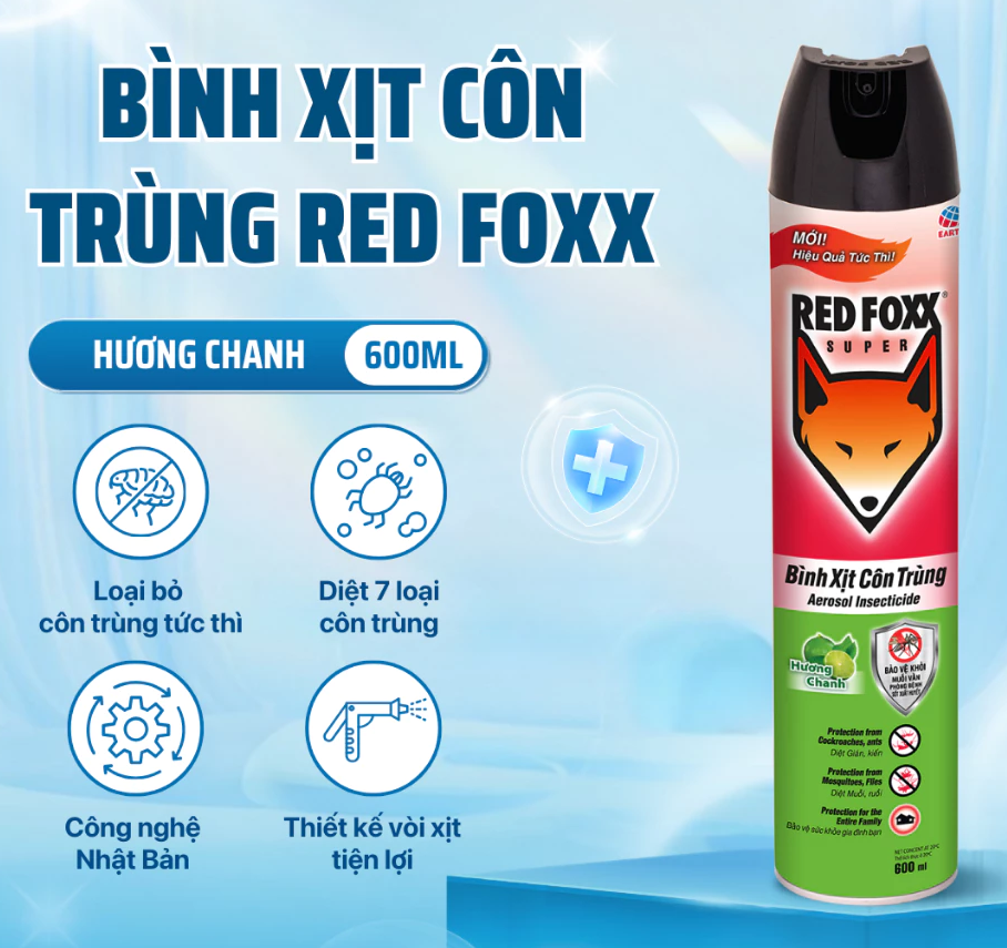  Xịt Côn Trùng RED FOXX Power Hiệu Quả Tức Thì Chanh/Sakura, Chai 300ml/600ml 
