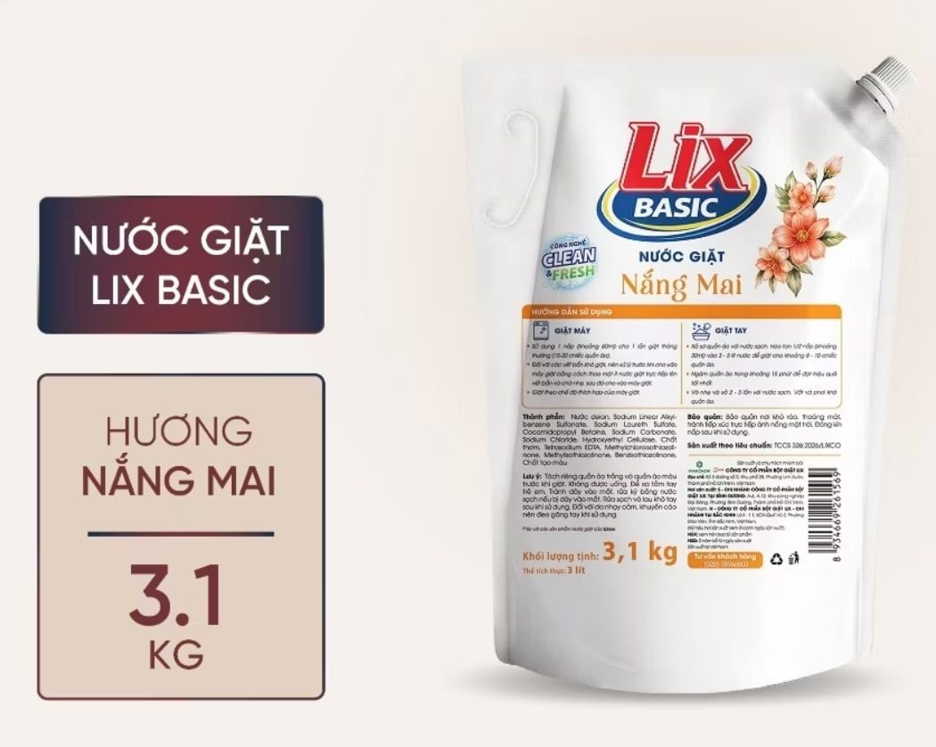  Nước giặt Lix Basic hương Nắng mai túi 3.1kg - can 3.3kg 