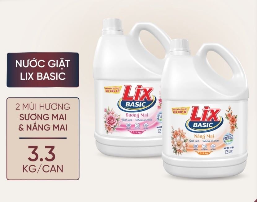  Nước giặt Lix Basic hương Nắng mai túi 3.1kg - can 3.3kg 
