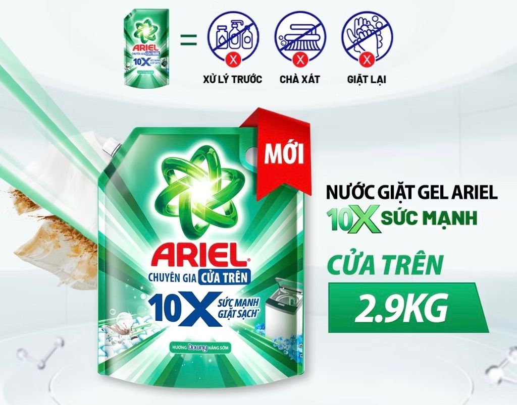  Nước Giặt Gel ARIEL 10X Sức Mạnh Giặt Sạch Chuyên Gia Cửa Trước - Cửa Trên Hương Downy Nắng Sớm Túi 1.37 - 4.05KG 