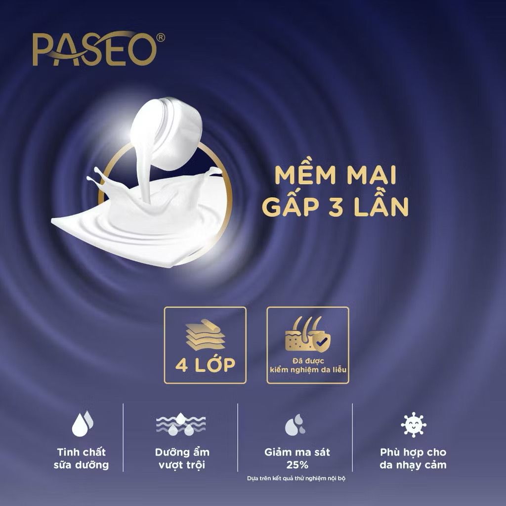  Khăn Giấy Lau Mặt PASEO 4 Gói/Lốc Siêu Mềm Mịn Dưỡng Ẩm Cho Da Nhạy Cảm (4 Lớp) - Milky Lotion 