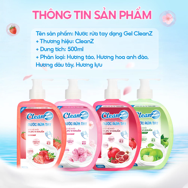  Nước rửa tay dạng Gel CleanZ bảo vệ khỏi vi khuẩn, an toàn mềm mại cho da tay 500ml 