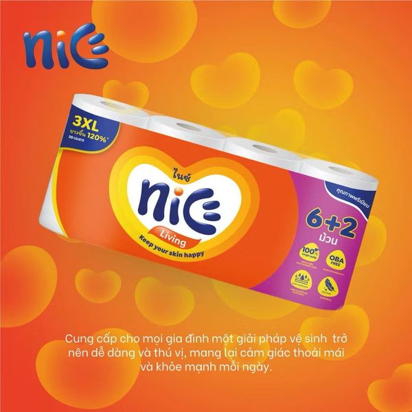  [Lốc 8 Cuộn] Giấy Vệ Sinh NICE Mega Cuộn Lớn Tiết Kiệm Mềm Mịn Tan Nhanh Trong Nước An Toàn (2 Lớp) 