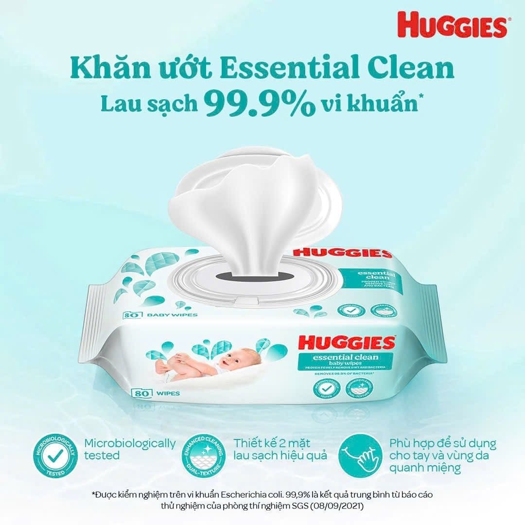  Khăn giấy ướt Huggies kháng khuẩn 80 tờ Essential Clean 