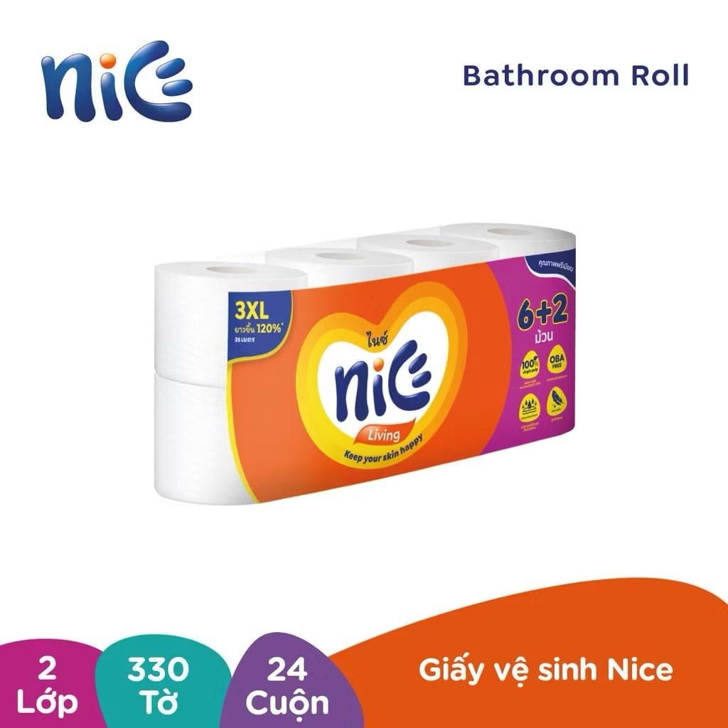 [Lốc 8 Cuộn] Giấy Vệ Sinh NICE Mega Cuộn Lớn Tiết Kiệm Mềm Mịn Tan Nhanh Trong Nước An Toàn (2 Lớp) 