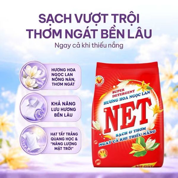  Bột giặt NET hương hoa Ngọc Lan bịch x 2.4kg + nước rửa chén NET đậm đặc hương Chanh chai x 250gr 