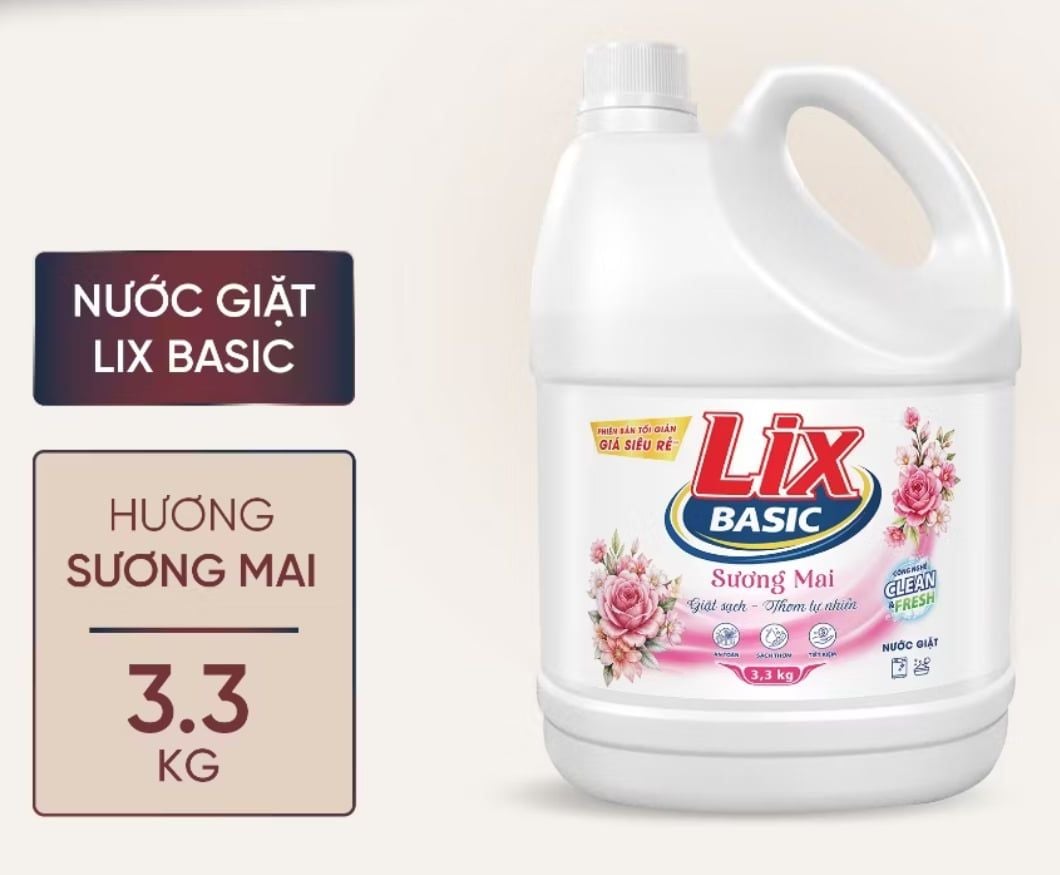  Nước giặt Lix Basic hương Nắng mai túi 3.1kg - can 3.3kg 