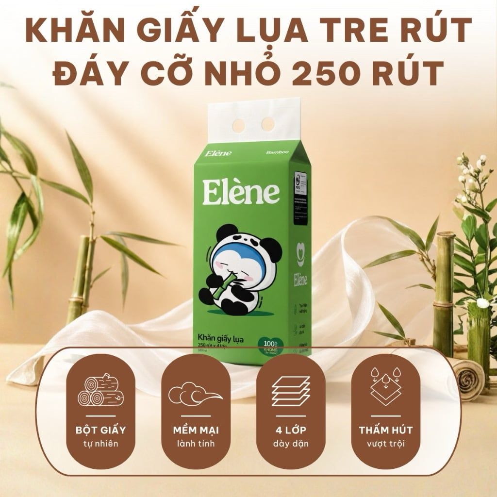  Giấy Lụa Tre Rút Đáy Elene 4 Lớp 250 Lần Rút Cao Cấp, Thân Thiện Với Môi Trường 