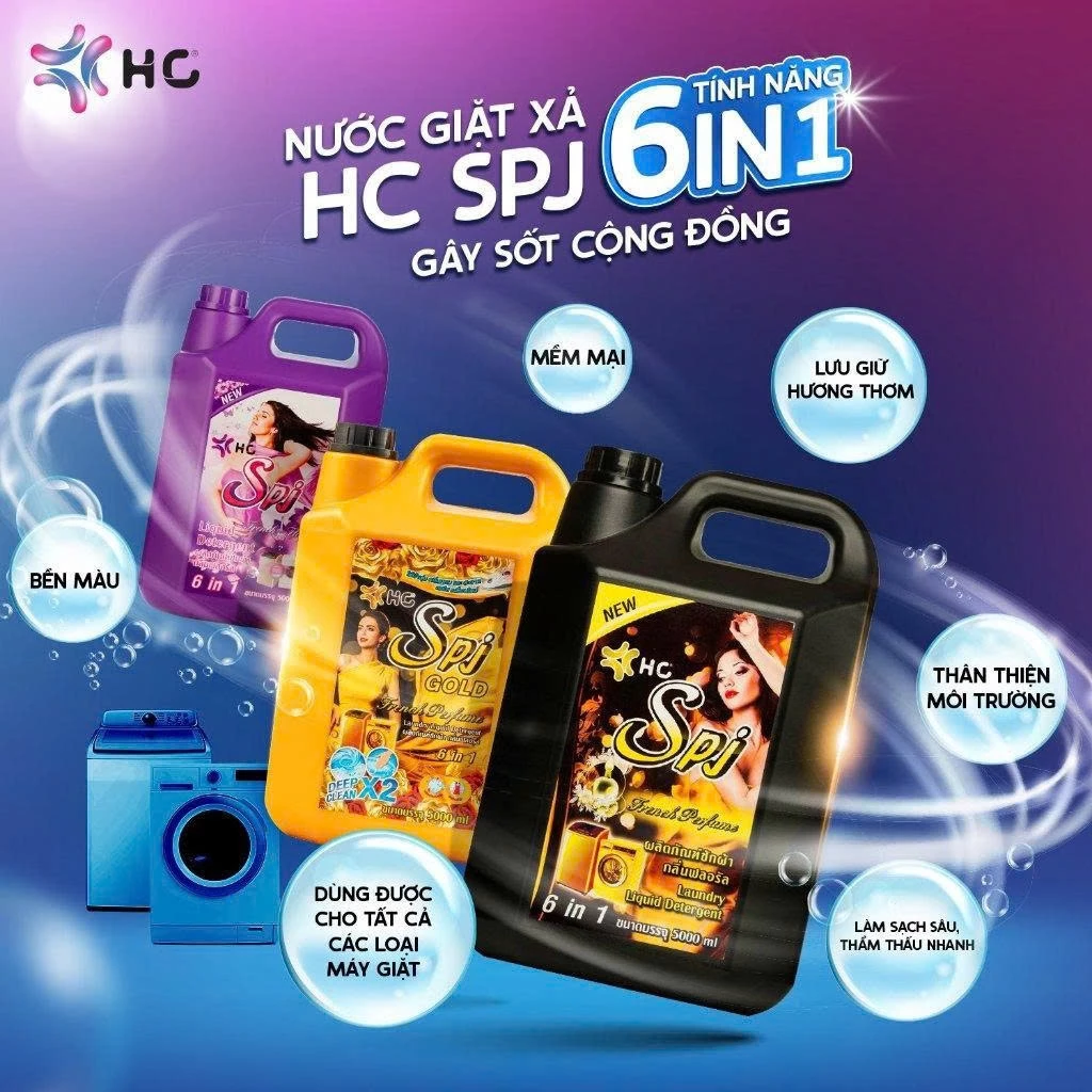 Nước Giặt HC SPJ 6 in 1 – Đánh Bay Vết Bẩn, Làm Sạch Sâu, Lưu Hương 24h, Dịu Da, Mềm Vải 
