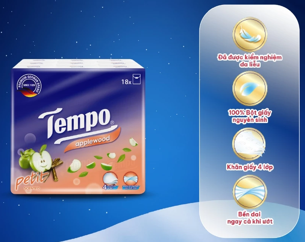  [LỐC 18 GÓI] Khăn Giấy Bỏ Túi Cao Cấp Tempo Petit - 4 Lớp Bền Dai, Được Kiểm Nghiệm Da Liễu - Thương Hiệu Đức 