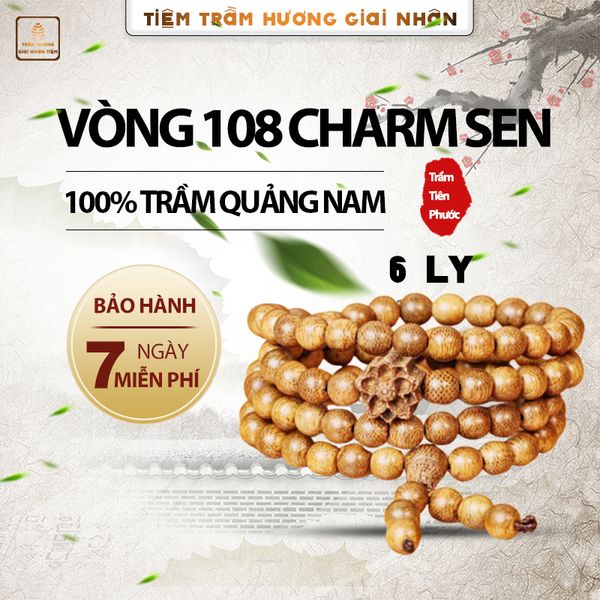  Vòng Trầm hương Như Ý 108 hạt – 6 ly + Charm hoa sen 