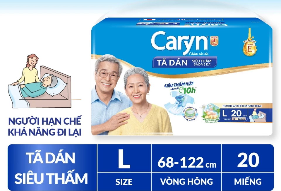  Tã/Bỉm dán người lớn siêu thấm Caryn dành cho người hạn chế khả năng đi lại Size L (8/10/20/40pcs) 
