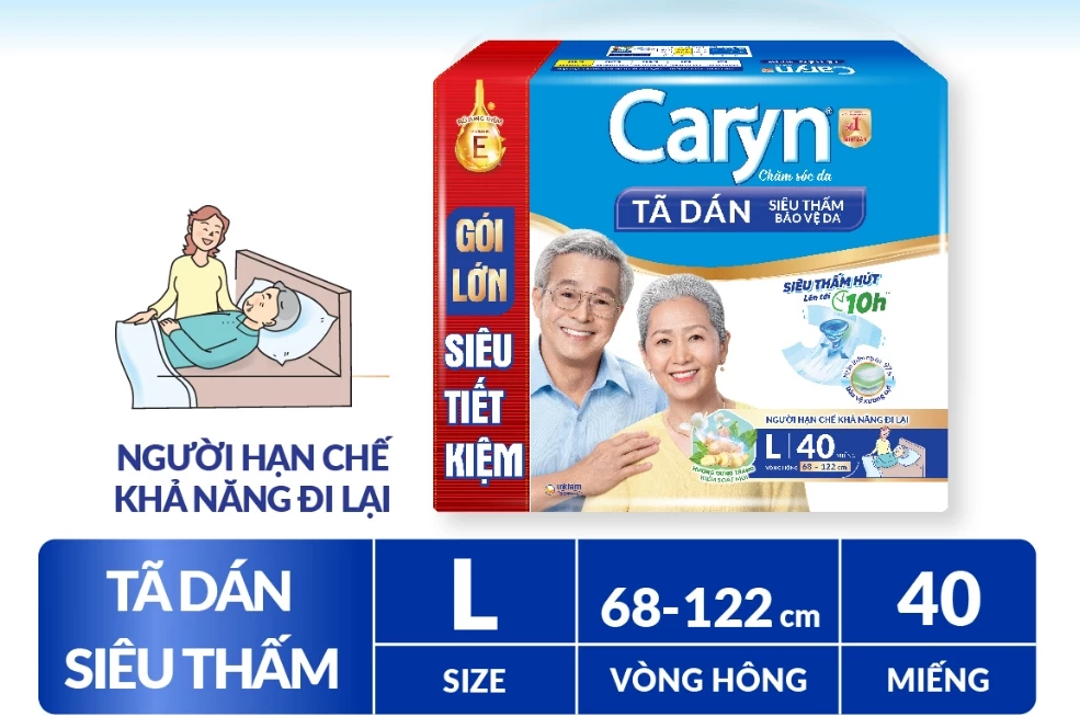  Tã/Bỉm dán người lớn siêu thấm Caryn dành cho người hạn chế khả năng đi lại Size L (8/10/20/40pcs) 