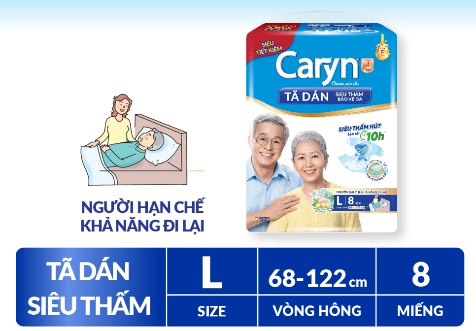  Tã/Bỉm dán người lớn siêu thấm Caryn dành cho người hạn chế khả năng đi lại Size L (8/10/20/40pcs) 