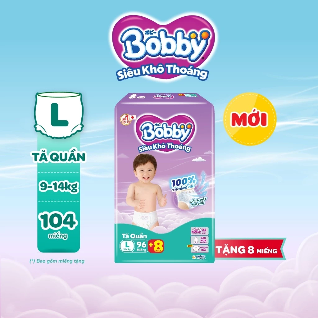  Tã quần Bobby Khô Thoáng - 100% Thoáng Khí Mega Jumbo M112/L96/XL84/XXL76 
