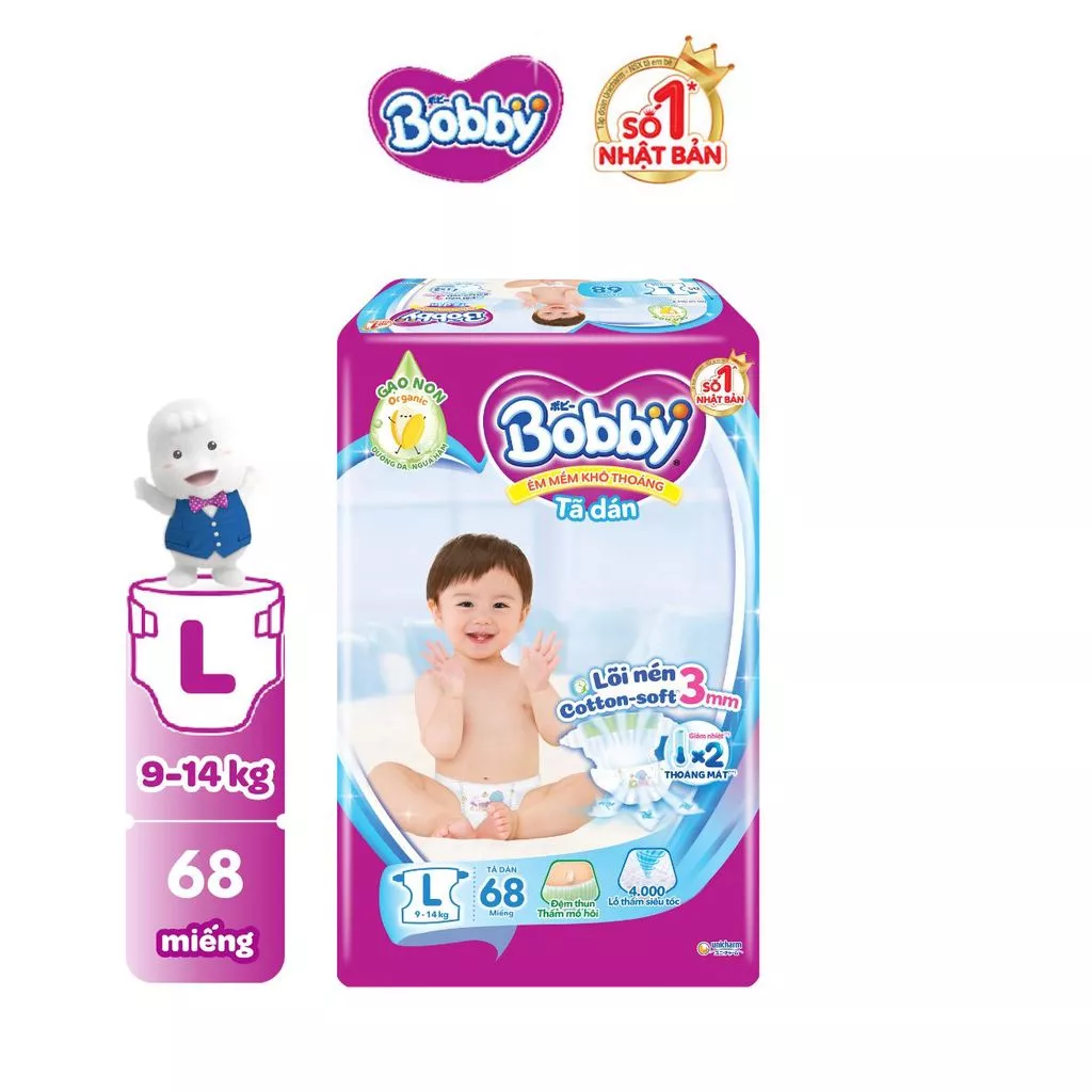  Tã dán Bobby S80/M76/L68/XL62/XXL56 mới- Lõi nén cotton-soft 3mm 